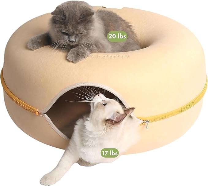 Cattasaurus Peekaboo Cat Cave Donut for Multiple & Large Cats up to 30-45 lbs, 3-in-1 Self Warming Cat Bed, Tunnel & Scratcher for Indoor Cats, Washable & Detachable Dog Bed (Pastel Macaron, Large)