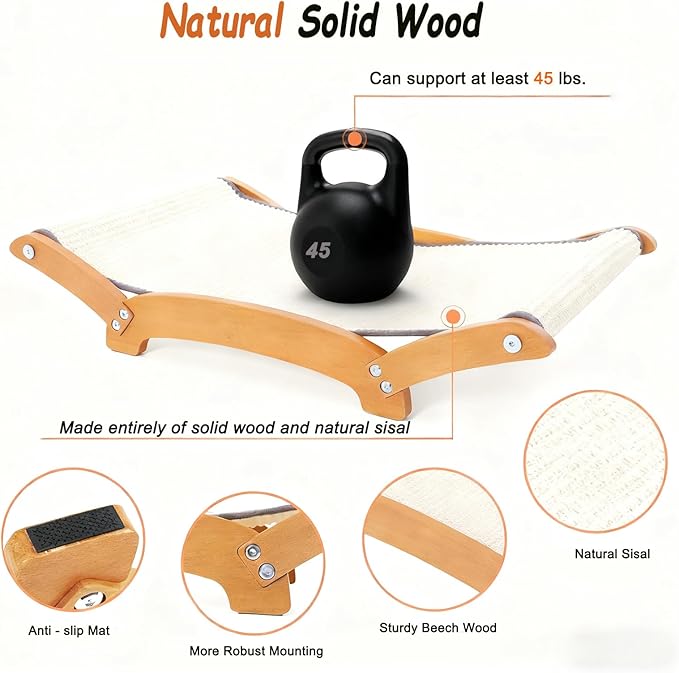 Larger Cat Scratcher Bed for Indoor Cats, Sisal Durable Cat Scratch Pad with Hammock for Indoor Cats Lounger & Sleep & Scratch, Natural Sisal Scratching Post, Sturdy Solid Wood Frame