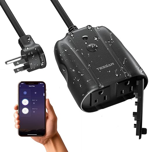 Outdoor Smart Plug Waterproof, TESSAN Smart WiFi Outlet Compatible with Alexa, Google Assistant, 2 Individual Sockets Outside Power Strip with Switch, 2.4GHz Wi-Fi Only, for Lights and 2HP Pool Pump