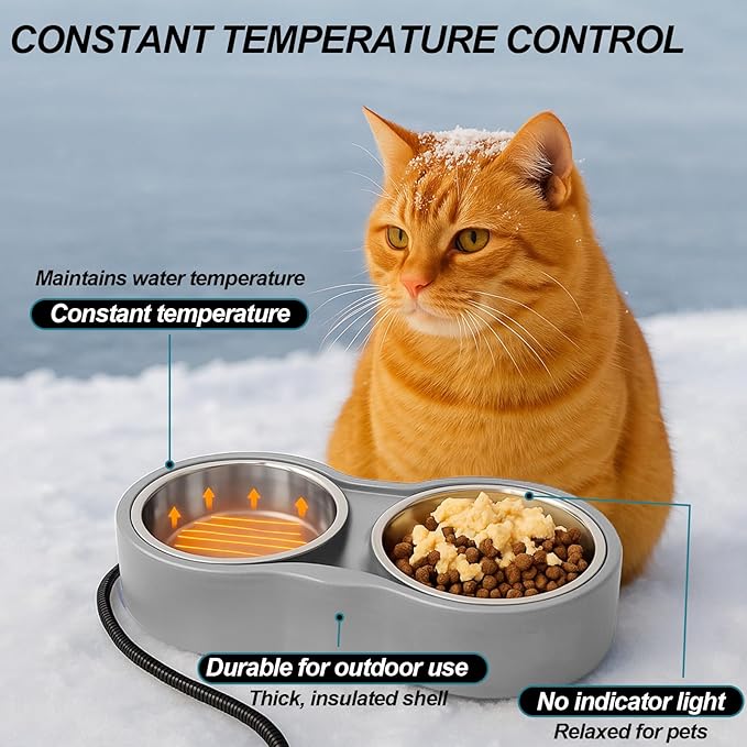Pet Heated Bowl for Cat Dog, Freeze-Proof Warming Animal Food Feeder with Anti-Chew Cord,Waterproof & Thermostat Heating Bowls Removeable, (2 x 23 fl oz, Grey)