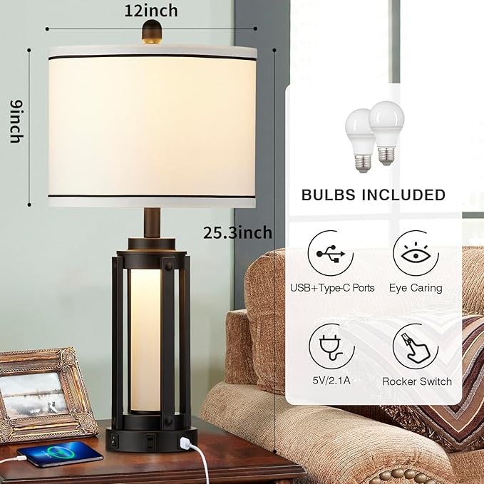 25" Modern Table Lamps Set of 2, Industrial Beside Lamps with USB A+C Charging Ports & AC Outlet, Nightstand Lamp with Glass Night Light for Living Room Bedroom End Table Decor White(4 Bulbs Included)