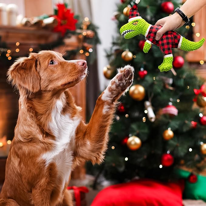 Christmas Dog Plush Toys- Squeaky Toy Dinosaur with Crinkle Paper- Interactive Funny Toys to Keep Your Dogs Engaged for Hours for Small and Medium Breeds