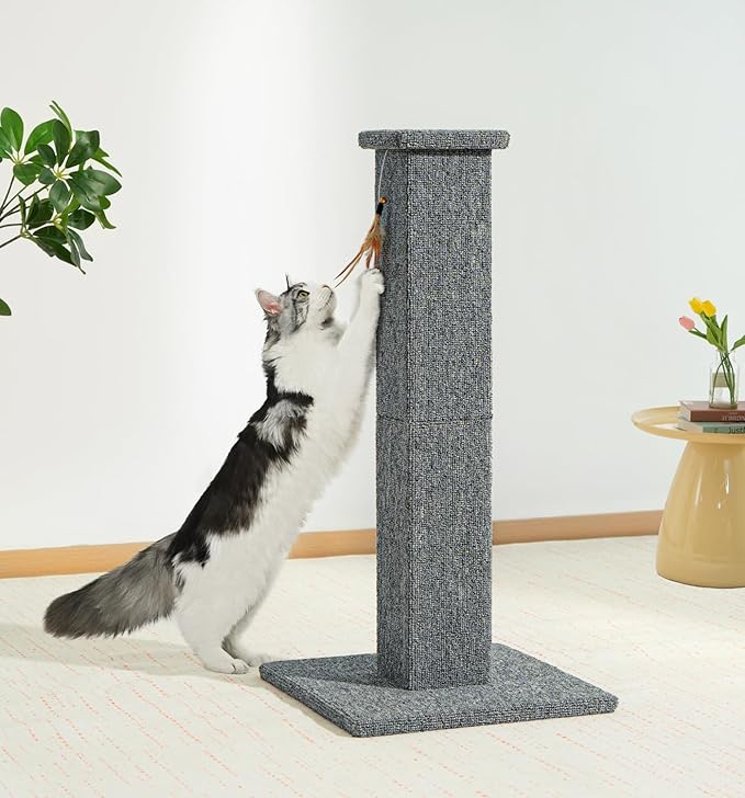 Made4Pets Cat Scratching Post, 32 Inch Carpet Covered Cat Scratcher with Kitten Toy, Tall Scratching Post for Indoor Cats Adults and Kittens, Grey