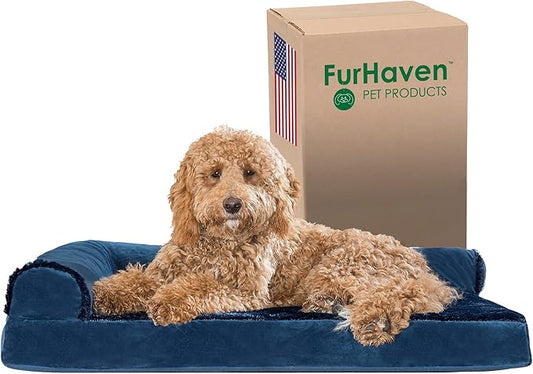 Furhaven Orthopedic Dog Bed for Large/Medium Dogs w/ Removable Bolsters & Washable Cover, For Dogs Up to 55 lbs - Plush & Velvet L Shaped Chaise - Deep Sapphire, Large