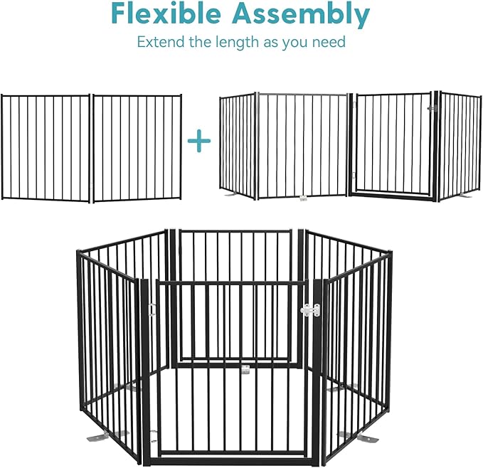 No Pawblems Free Standing Dog Gate with Door, 30'' Tall Foldable Dog Fence for Indoor & Outdoor, Up to 52 Inch Extra Wide Puppy Gate for Stairs, Hallways, Doorways, Deck, Yard (Black, 2 Panels)
