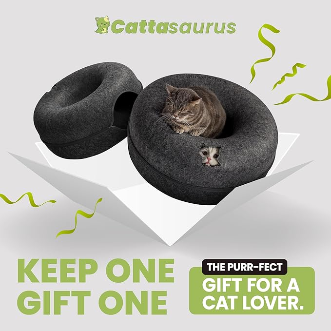 Cattasaurus Peekaboo Cat Cave Donut for Multiple & Large Cats up to 30-45 lbs, 3-in-1 Self Warming Cat Bed, Tunnel & Scratcher for Indoor Cats, Washable & Detachable (Dark Gray + Dark Gray, Large)