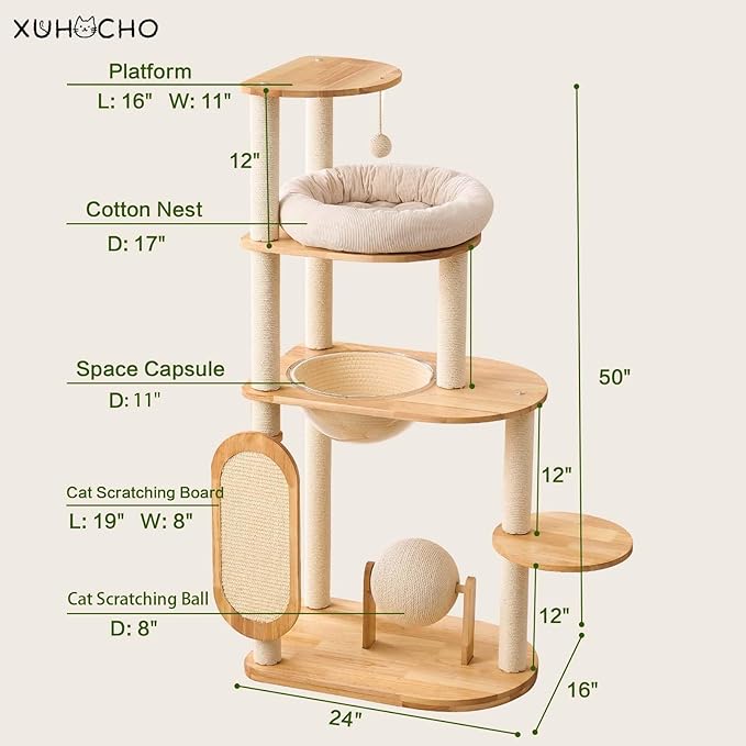 Modern Cat Tree with Scratching Post, Solid Rubber Wood Cat Tree Tower for Indoor Cats with Cotton Nest, Space Capsule, Cat Scratching Ball and Board