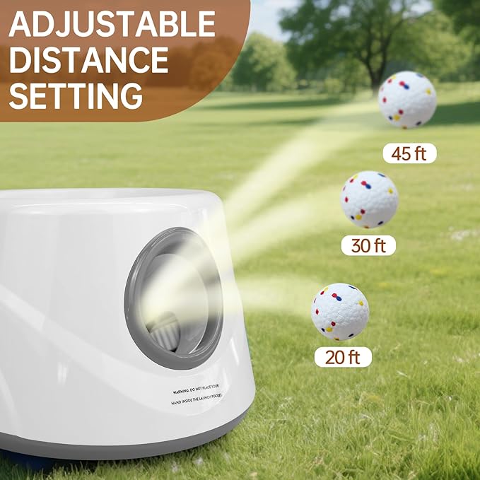 Automatic Ball Launcher for Dogs with 6 ETPU Balls, White, Adjustable Distance 20-45ft, USB Rechargeable, Interactive Pet Toy (Gary)
