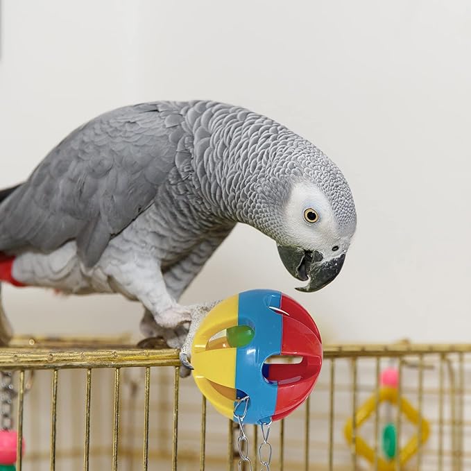 SIMENA Parrot Ball Toy with Bell, Cage Hanging Accessories for Medium to Large Birds, Interactive Toys for Birds, Cat Ball Toy (Globe, Set of 1)