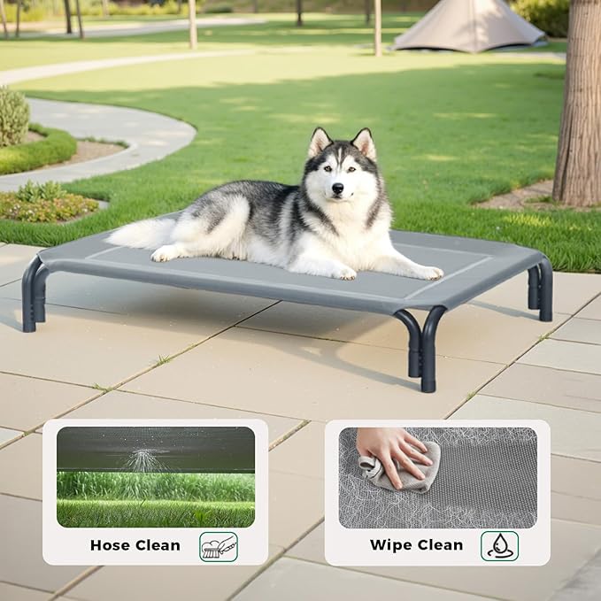 Elevated Dog Bed Raised Outdoor Dog Cot for Large Dogs, Installation Requires No Tools, Frame with Washable Cooling Breathable Mesh Anti-Slip Feet, Indoor Pet Bed, Grey, 43.3 Inches