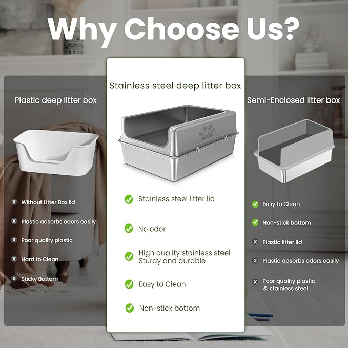 Enclosed Stainless Steel Cat Litter Box with Lid, Oversize Metal Litter Box for Multi Cats, Extra XXL Cat Toilet with High Side, Non-Stick, Anti-Leakage, Odorless, with Litter Mat & Litter Scoop