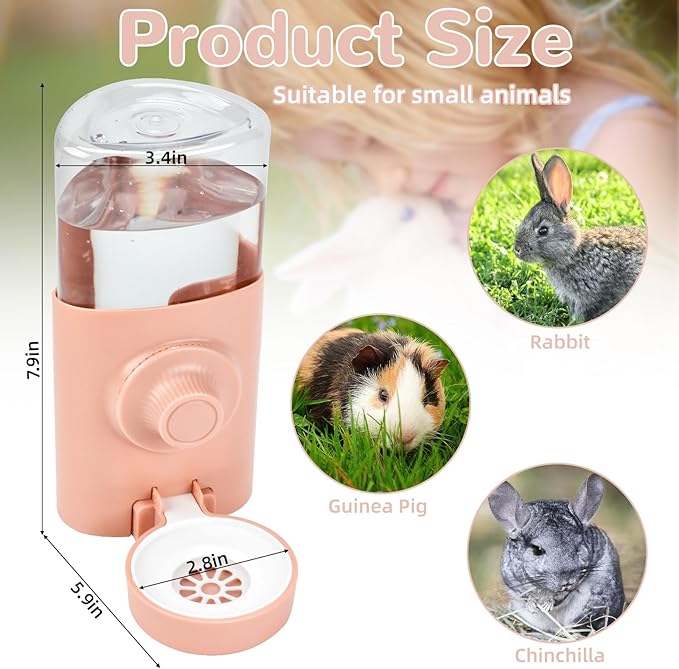 Rypet Hanging Rabbit Water Bottle Cage, 21oz Guinea Pig Water Bottle Dispenser, Automatic Small Pet Cage Water Feeder for Bunny Chinchilla Hamster Hedgehog Ferret Rat Gerbil Small Animal (Pink)