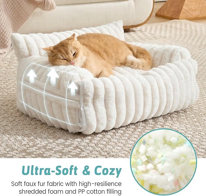 Cute Cat Bed with Removable Cover, Multifunctional Plush Faux Fur Pet Couch Bed with Blanket, Ultra-Soft Pet Furniture for Cats & Small Dogs (Cream, S: 25.5''x17.5'')