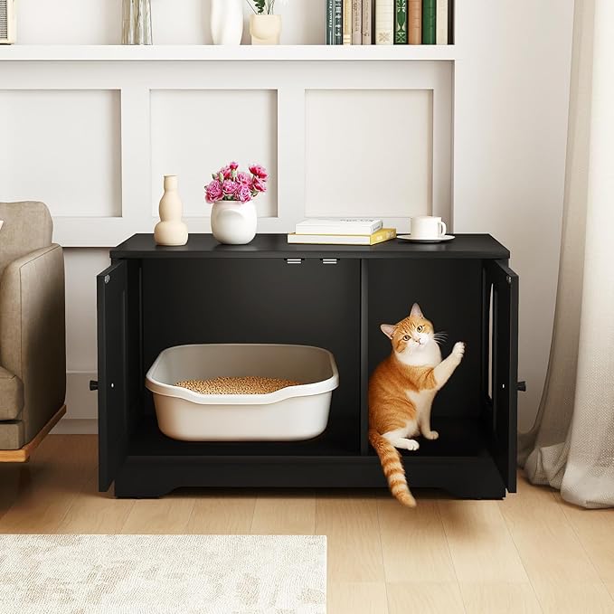 Tangkula Cat Litter Box Enclosure, Wooden Kitty Washroom Cabinet w/Winding Entry & Cat Hole, with Divider, Hidden Double Enclosed Litter Box Furniture for Living Room, Bedroom, Entryway (Black)
