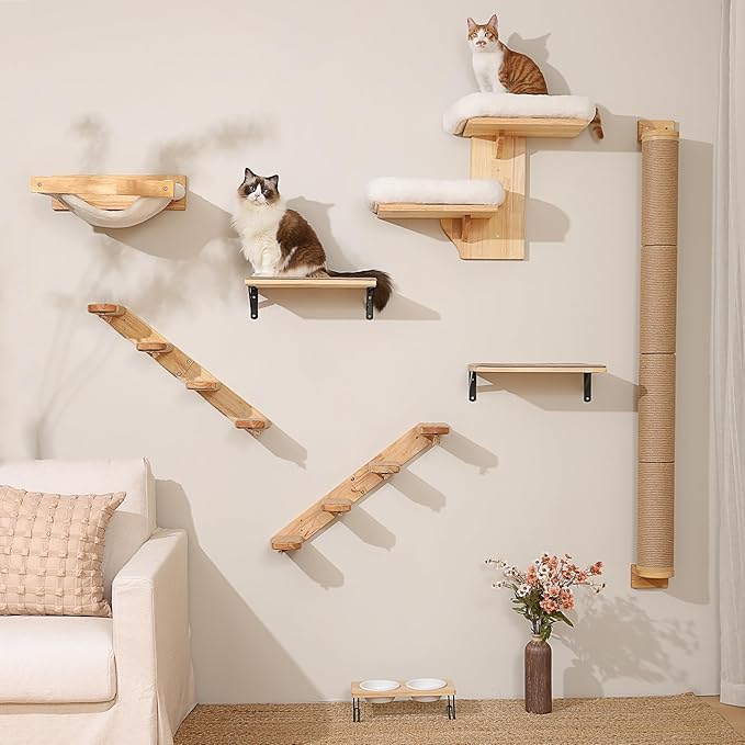 FUKUMARU Cat Climbing Shelf Wall Mounted, Four Step Cat Stair with Jute Scratching for Kitten Walls Shelves Furniture - Large