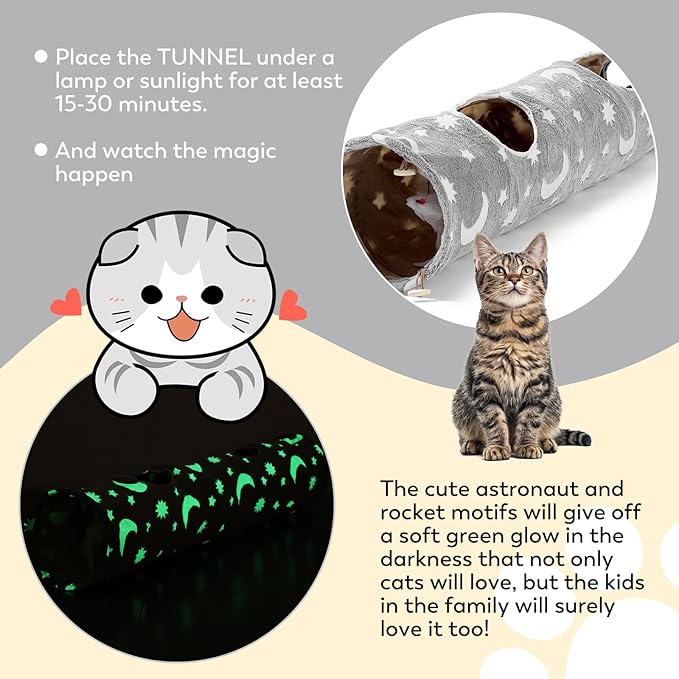Cat Tunnels for Indoor Cats with Plush Toys Glows in The Dark Dog Cat Tunnel Tube Toys Photoluminescent for Indoor Cats Small Dogs Puppy Kitten Rabbit Bunny Ferret Pet Gray