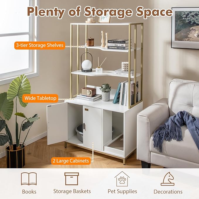 PETSITE Cat Litter Box Furniture with 3 Shelves and Doors, 61 inch Tall Cat Box Enclosure with Display Shelves, Scratching Pad, Indoor Hidden Litter Box with Decorative Storage Shelving (White)