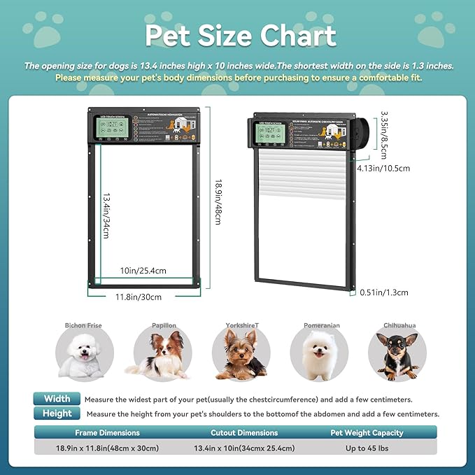 Solar Powered Automatic pet Door, LCD Display, Timer, Light Sensor, Remote Control, 6000mAh Battery, 4 Operation Modes