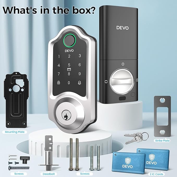 DEVO G8 Smart Lock, 6-in-1 Fingerprint Keyless Entry Door Lock with Doorbell, Built-in Wi-Fi, APP Remote, Auto-Lock, Front Door Smart Deadbolt, Easy Install, IP54 Waterproof