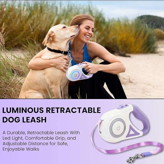 Best Dog Supplies Luminous Retractable Dog Leash with Front Safety Led Light - 360°Tangle-Free Training Leash for Ultimum Freedom with Anti Slip Handle Dogs & Cats - Purple 5M/16ft