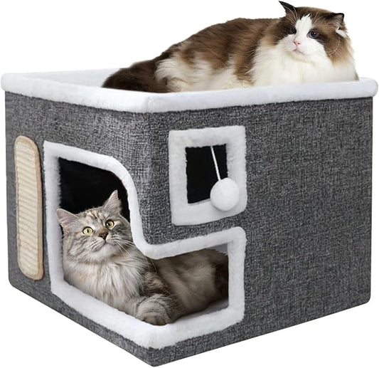 Cat Houses for Indoor Cats - Large Cat Bed Cave with Fluffy Ball and Scratch Pad, Foldable Cat Condo Hideaway for Multi Small Kitten & Pet, Grey