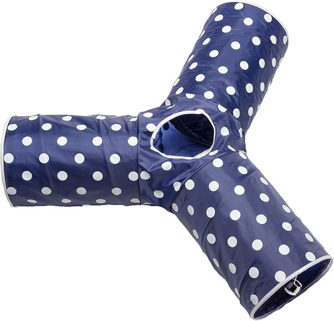 Cat Tunnel - Collapsible 3 Way Polka Dot Play Toy - Tube Fun for Rabbits, Kittens, and Dogs - Polka Dot Navy/White