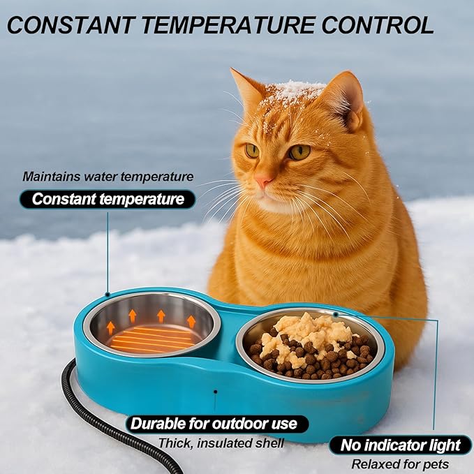 Pet Heated Bowl for Cat Dog, Freeze-Proof Warming Animal Food Feeder with Anti-Chew Cord,Waterproof & Thermostat Heating Bowls Removeable, (2 x 23 fl oz, Blue)