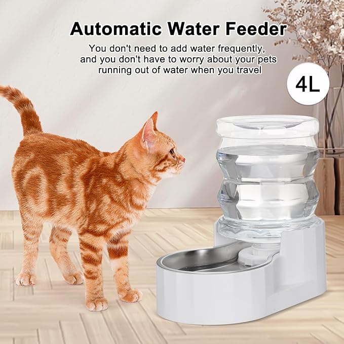 RIZZARI Pet Water Bowl Dispenser: 4L Automatic Stainless Steel Gravity Feeder with Specialized Brush and Triple Filter - Large Capacity for Cats and Dogs with Joint Spine Pain - for Kitchen Bedroom