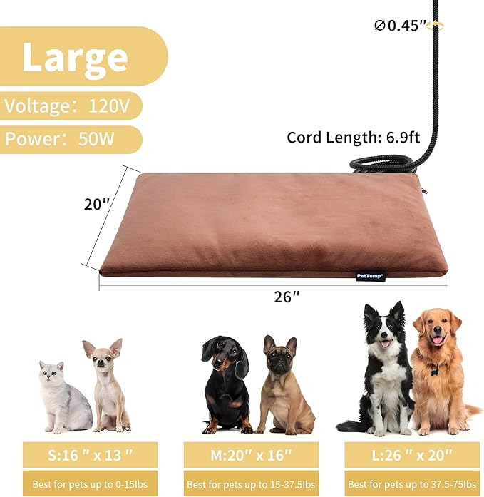 Heated Pet Pad for Dogs and Cats, Waterproof Heating Mat with Chew-Resistant Cord, Constant Warmth for Indoor & Covered Outdoor Use, Multiple Sizes and Colors (Brown, L: 26" × 20" × 1.3")