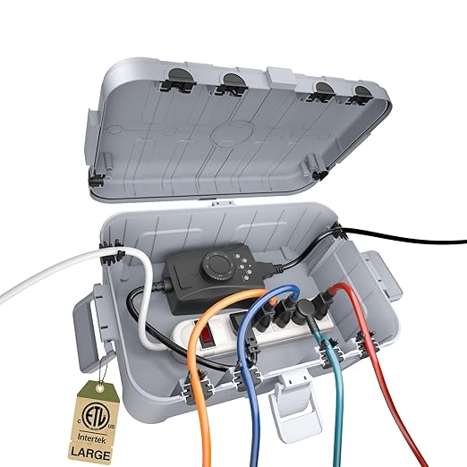 Flemoon Outdoor Electrical Box Waterproof, IP54 Waterproof Extension Cord Cover, Protect Outlet, Plug, Socket, Timer, Power Strip, Holiday Light, Large Weatherproof Connection Box, Light Grey