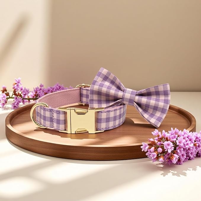 PETDURO Personalized Dog Collar Pink Purple Gingham Plaid for Large Medium Dogs | Engraved Name and Phone Number on Gold Metal Buckle for Girls | Add Leash & Bow Tie via Customize Now
