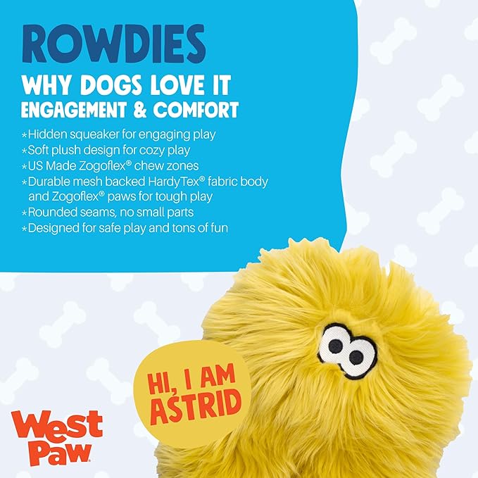 WEST PAW Rowdies Astrid Durable Plush Dog Toy with Reinforced Seams and Chew Resistant Design for Tough Play Safe Indoor or Outdoor Fun for Dogs Who Deserve The Best - Citrus