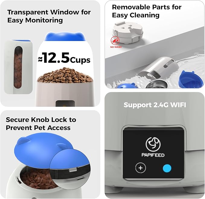 PAPIFEED Automatic Cat Feeder, 2.4G WiFi Auto Cat Food Dispenser with App Control, 3L Auto Pet Feeder with Dual Power Supply, Detachable for Easy Clean for Cats and Small Dogs, Blue