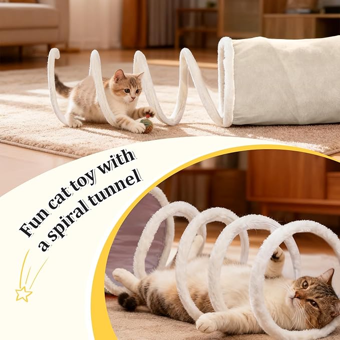 Ownpets 2-in-1 Cat Tunnel, Large Lollipop Shape Cat Tunnel Toy with Fluffy Balls, Spiral Toy, Plush Collapsible Cat Cave Hideout Donut Tunnel for Multi Kitten Puppy Rabbit (Beige)