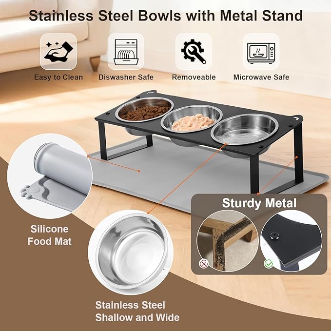 Elevated Cat Bowls with Food Mat, 10°Tilted Non-Slip Raised Cat Food Water Bowls Set, 3 Thick Stainless Steel Pets Dishes with Cute Metal Feeding Stand for Indoor Kitten Puppy, Anti-Vomiting