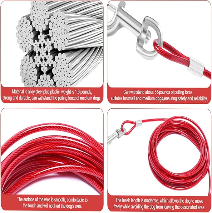 Relux Dog Tie Out Cable and Stake, 16FT Outdoor Dog Stake for Yard Training, Running, Hiking,Camping, 16 Inch Heavy Duty Dog Anchor Spiral Stake for Small to Medium Dogs(Red)