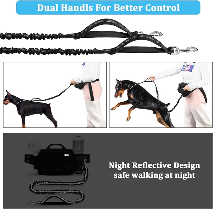 ETACCU Hands Free Dog Leash with Zipper Pouch, Waist Belt for Large Medium Dogs for Running, Walking, Jogging and Hiking, Dual Padded Handles and Durable Bungee - Black (1 Dog Black)