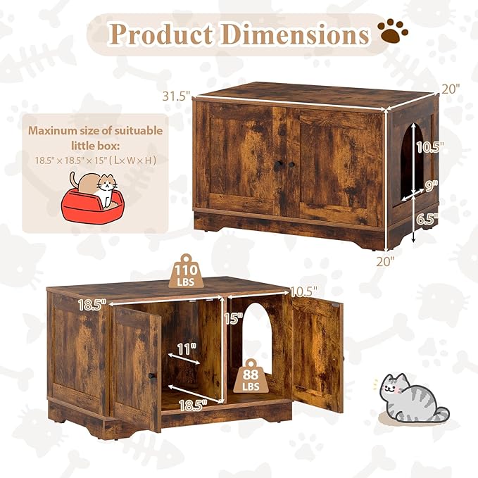 Tangkula Cat Litter Box Enclosure, Wooden Kitty Washroom Cabinet w/Winding Entry & Cat Hole, with Divider, Hidden Double Enclosed Litter Box Furniture for Living Room, Bedroom, Entryway (Rustic Brown)