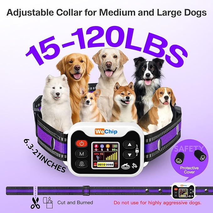 WeChip Wireless GPS Dog Fence Collar - 3 Alerts (0-9 Levels), 66-6560FT Radius, 122H Rechargeable Battery.Waterproof Shock Collar for Lawns, Farms & Walks. (Purple)