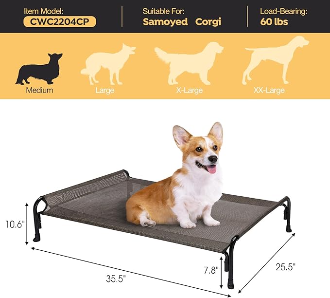 Veehoo Outdoor Elevated Dog Bed, Raised Dog Cot for Small Medium Dogs, Cooling Washable Waterproof Pet Hammock Beds with Slope Headrest, Breathable Mesh and Sturdy Frame, M, Brown, CWC2204