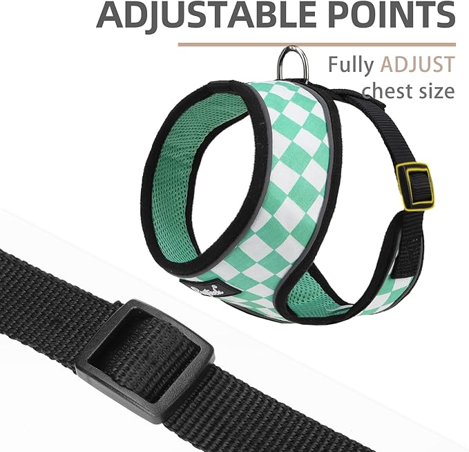 PUPTECK Soft Mesh Dog Harness and Leash Set Pet Puppy Cat Comfort Padded Vest No Pull Harnesses, Checkered Green&White, L