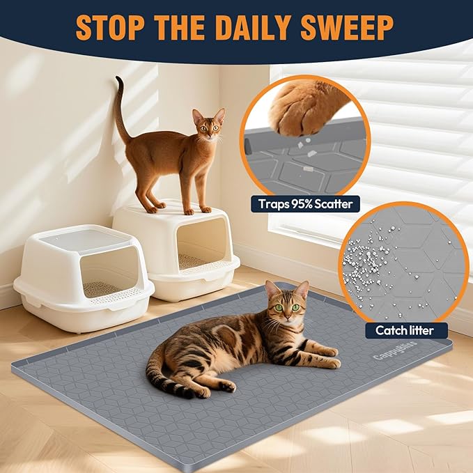 Large Cat Mat for Litter Box, 34"x22" Waterproof Silicone Mat with Litter Trapping, Easy Clean & Non-Slip Floor Pad for Indoor Cats, Dark Gray