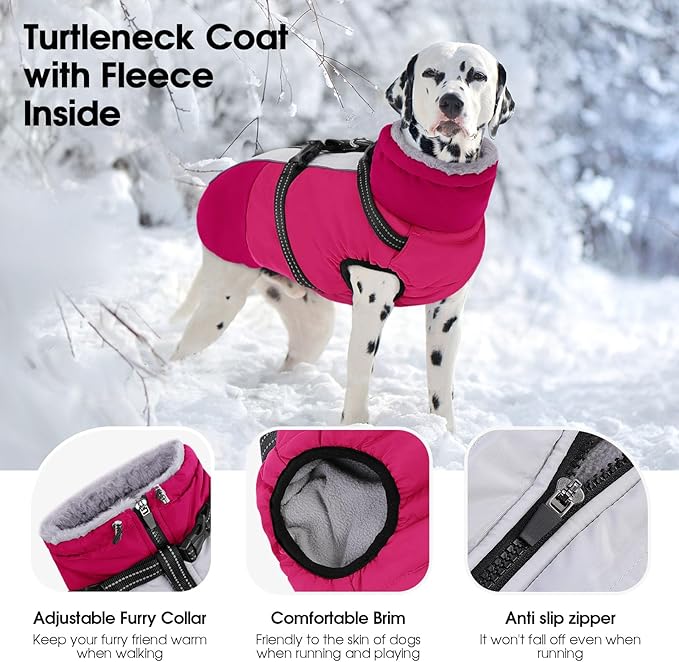 SUNFURA Dog Coat, Warm Dog Jacket with Harness Built in, Waterproof Pet Winter Coat Snowsuit with Zipper, Reflective Fleece Jacket for Extra Large Dogs, Weimaraner, Hot Pink XXL