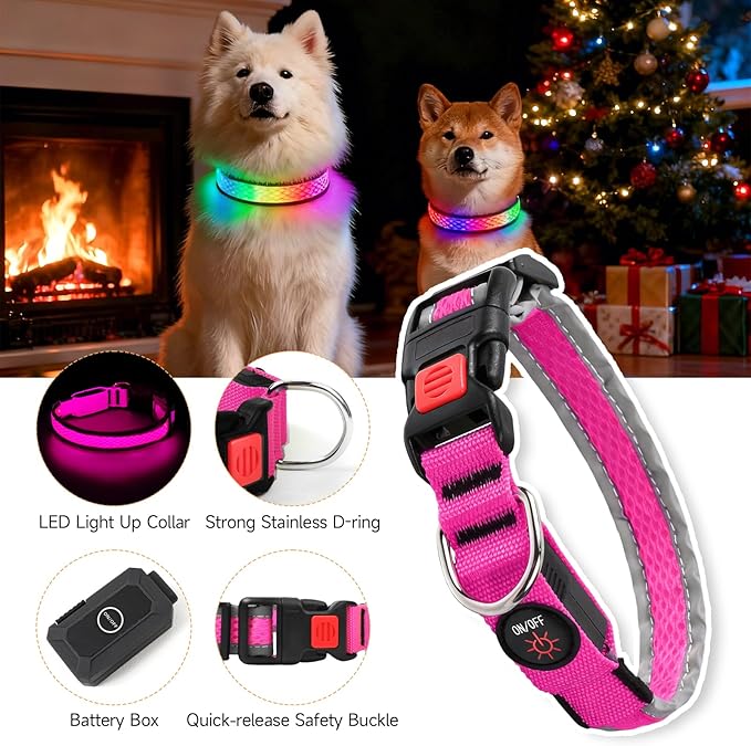LED Dog Collar, Light Up Dog Collar USB Rechargeable, Nylon Adjustable Comfortable Soft Bright RGB 7 Colors Changeing Safety Light Glowing Collar for Small and Medium Dogs(Small,Pink)