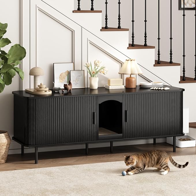 Double Cat Litter Box Enclosure Furniture, 59" Large Hidden Litter Box Furniture with Scratching Pad, Wood Pet House for 2 Cats, Indoor Modern Cabinet TV Stand for Living Room, Black