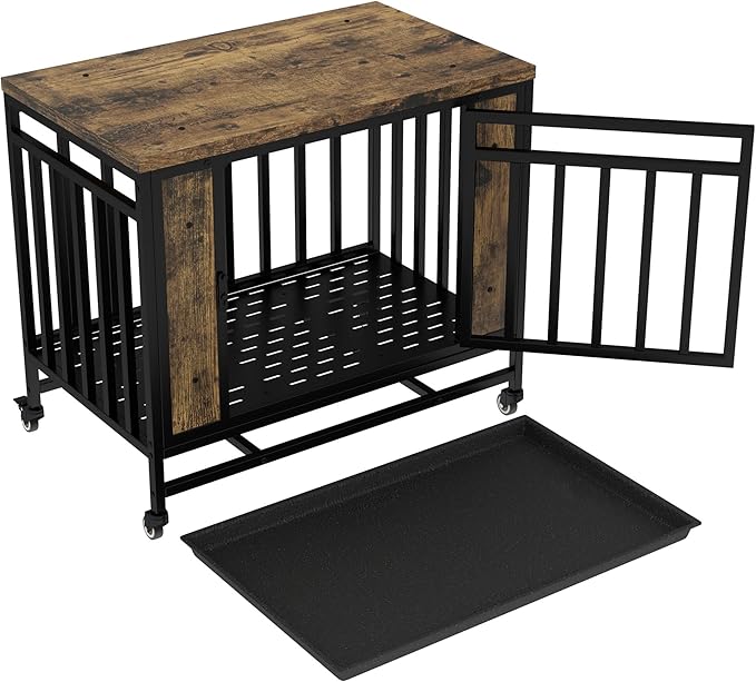 32 Inch Heavy Duty Dog Crate Furniture, Indestructible Wooden Dog Cage Kennel with Lockable Wheels and Removable Tray, Indoor Escape Proof Dogs House for Small Medium Dogs for Living Room Bedroom