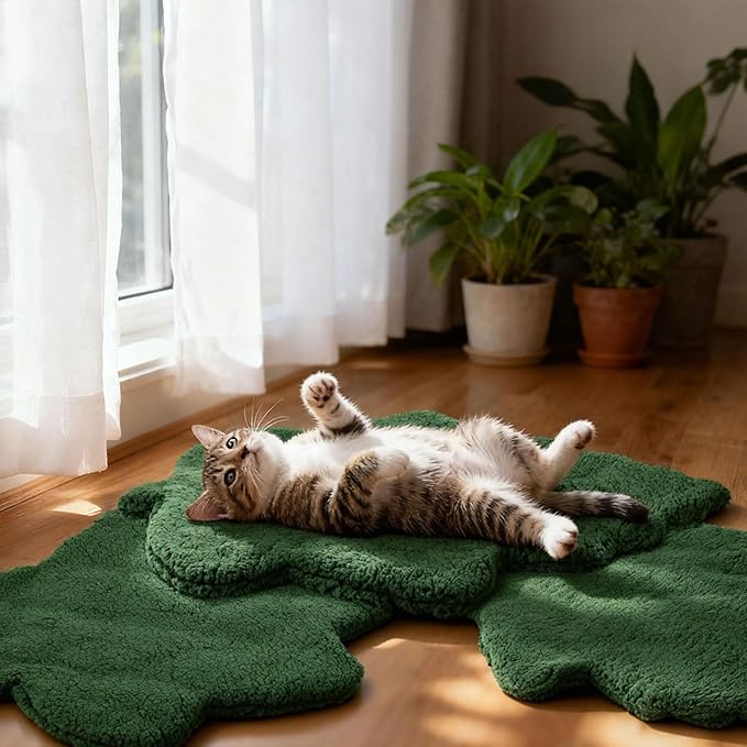 3 Pack Self Warming Cat Dog Bed Leaf Shape Self Heating Pet Mat Non Electric Washable Thermal Sleeping Pad Plush Heated Pet Mat for Crate Floor Indoor Outdoor(Dark Green,Medium-18 x24)