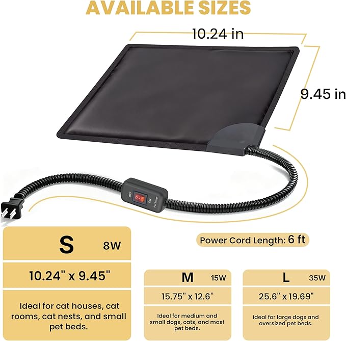 Cat Bed Warmer 10" x 9.5", Indoor Heated Pad Insert for Cats, Kittens & Small Dogs, Turns Any Cat or Dog Bed Into a Cozy Heated Bed, Safe Constant Temperature Heating & Chew-Resistant Cord