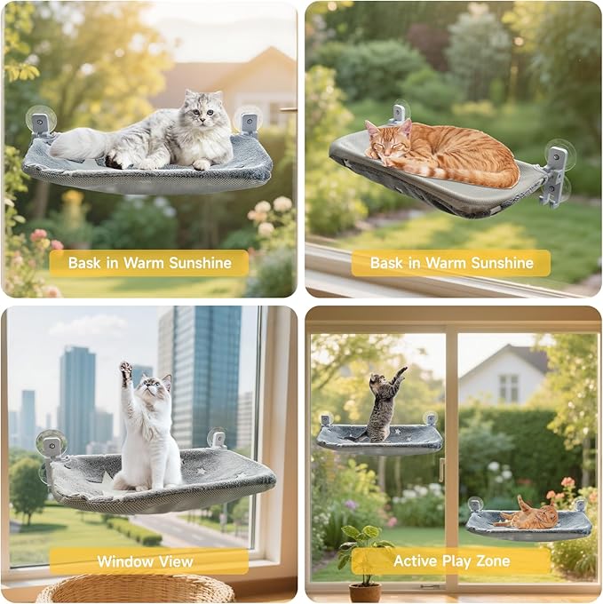 Homegroove 2 Pack Cat Window Perch, 24 x 12 Inch Foldable Cat Hammock for Window with Sturdy Metal Frame, Cordless Window Bed for Resting Seat for Indoor Cats (Grey-with Star Pattern, 24 x 12 Inch)