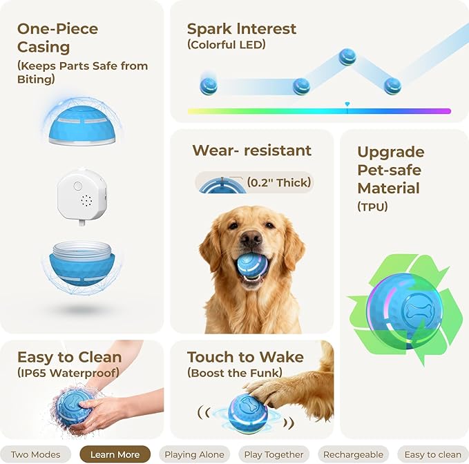 Apasiri Interactive Dog Toys: Automatic Moving Dog Balls with LED Lights, Puppy Toy to Keep Them Busy, Duraspin Dog Ball for Small,Medium,Large Dogs, Dog Toys for Aggressive Chewers,Rechargeable(Blue)